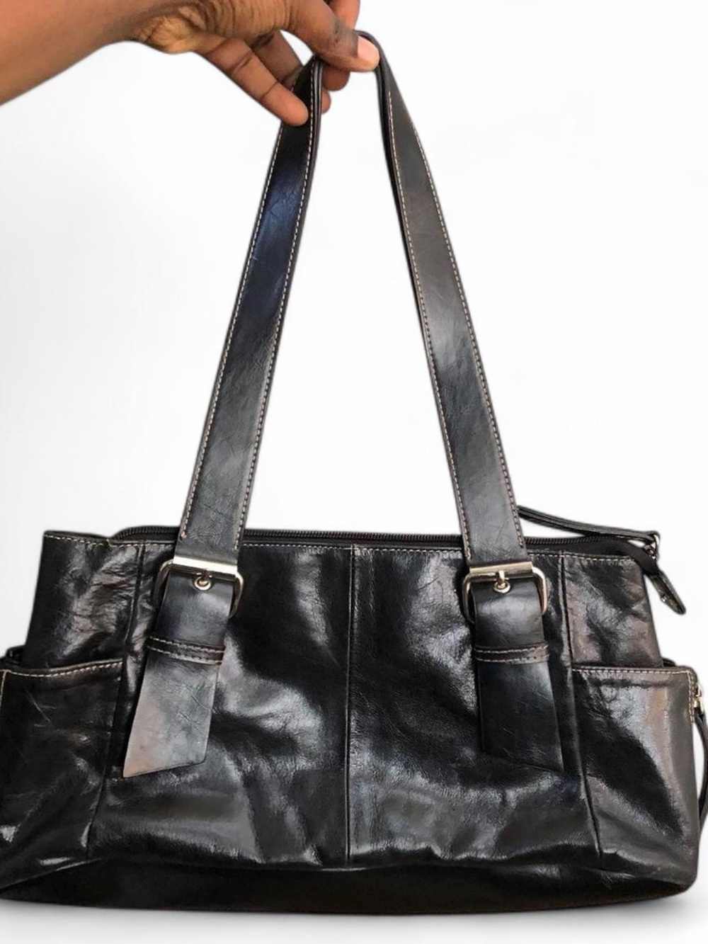Y2K 2000s Gothic Grunge Emo Trendy Black Buckle Leather Shoulder Hand Bag Purse